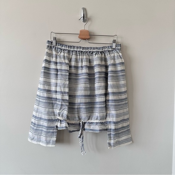 THEORY-STRIPE Silk Blend Off Shoulder Bell Sleeve Blouse (Size:Small) - Picture 1 of 13